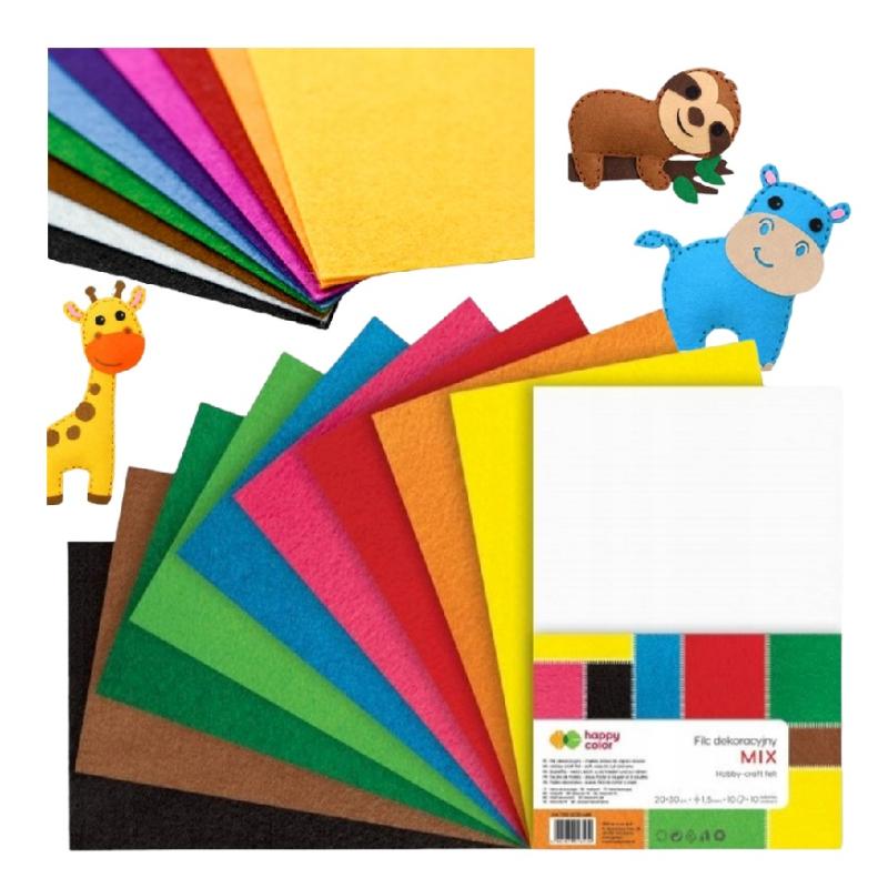 Filc dekoracyjny 20x30cm, 1.5mm, 10ark. mix HAPPY COLOR
