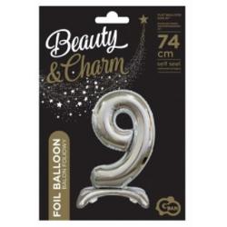 Повітряна куля з фольги B&C Стоячий номер 9, срібло 74см