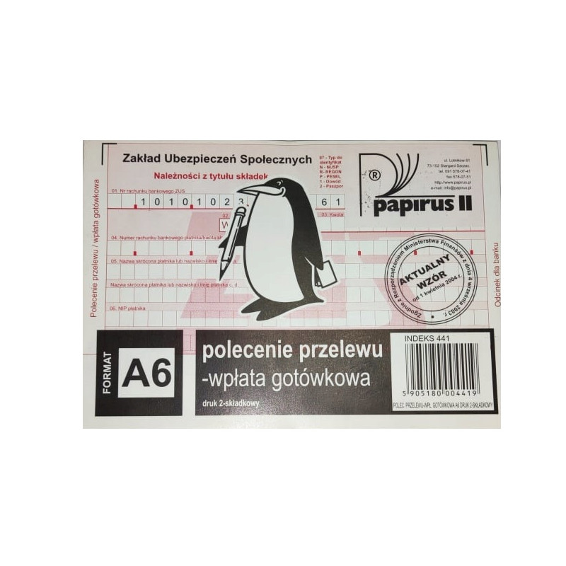 Polecenie przelewu wpłata ZUS A6 PAPII